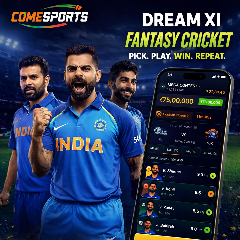 Come App Link fantasy cricket and India team visual